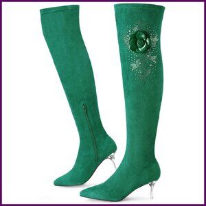 Faux Suede Over Knee Boots with Rhinestone Flower Clear Heel